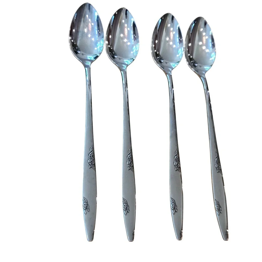 Set 4 Oneida Ltd Rose Duet Iced Tea Spoons 7.5 Inch Silver Stainless Floral MCM